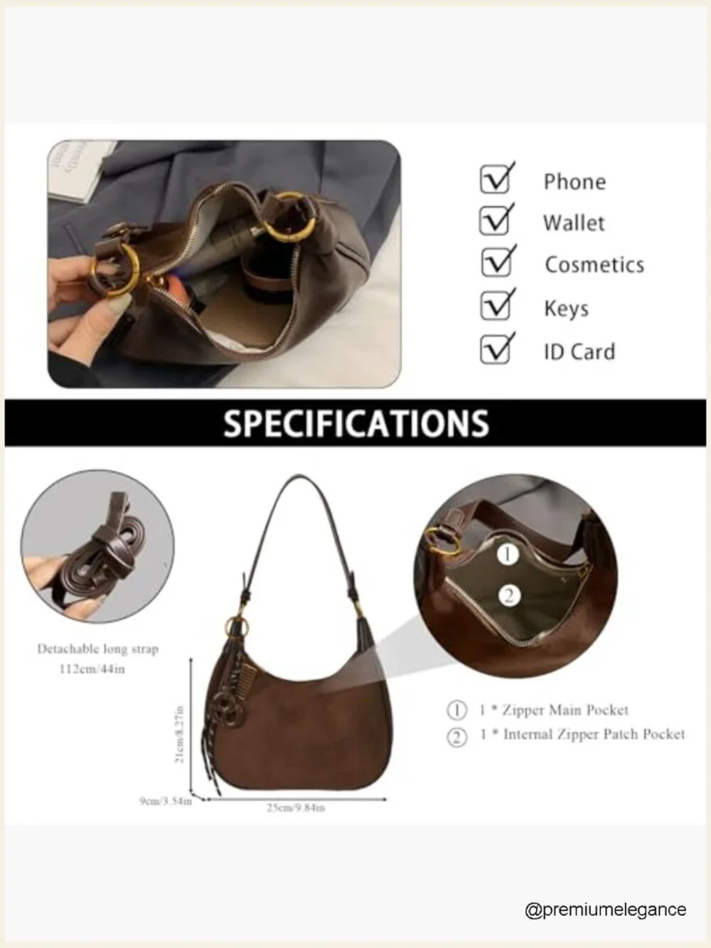 Faux Suede Hobo Crossbody Bag with Removable Charm and 2 Straps